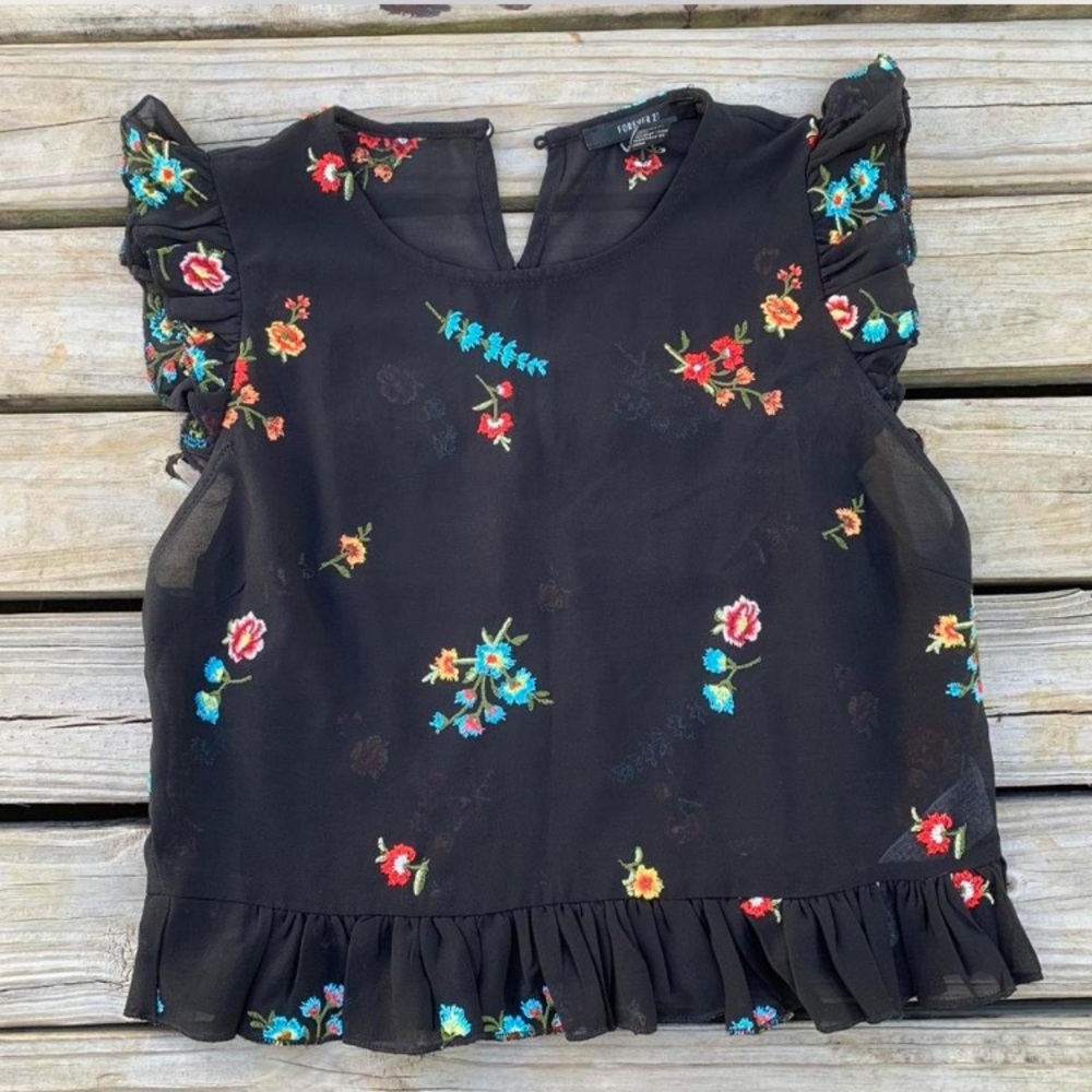 Floral Embroidered Black Top